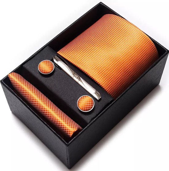 Stropdas set met pochet ORANJE - Das inclusief pochet, manchetknopen en dasspeld - Zeer luxe kwaliteit - Bruiloft - Cadeau - Verschillende kleuren