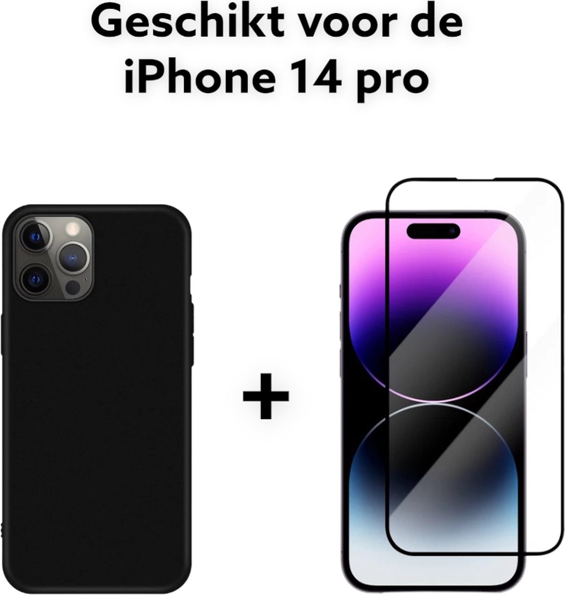 Apple iphone 14 pro hoesje zwart siliconen back cover + screen protector -iphone 14 pro hoesje zwart siliconen achterkant + tempert glas protectie