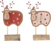 Kerstdecoratie - Houten Rendieren - Set van 2 Rood en Wit