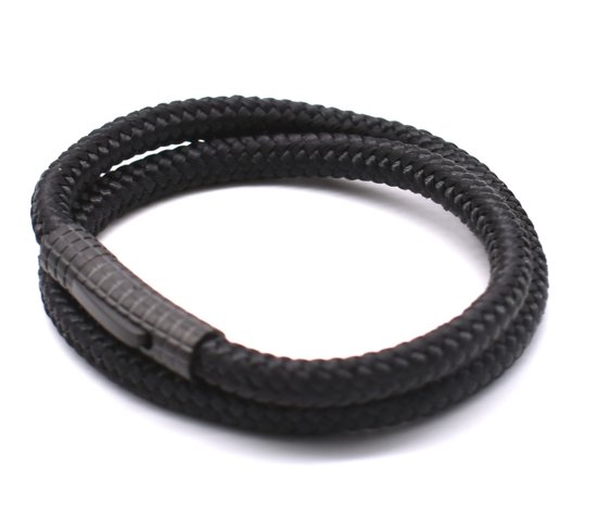 Armband zwart 19.5cm - Touwarmband met zwarte hoogglans sluiting heren en dames - met Cadeauverpakking van Mauro Vinci