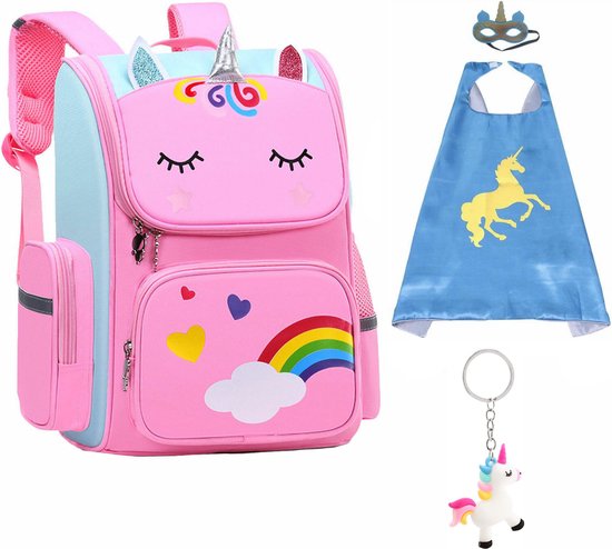 Rugzak meisje - tasje - Eenhoorn tas - Eenhoorn speelgoed - Cape + Masker - Sleutelhanger - Unicorn Speelgoed - Schooltas meisje - Kinderrugzak - Rugtas meisje - Roze - Blauw - 40 x 27 x 15 cm - Schooltassen