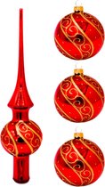 Set met Rode Kerstboom Piek en Drie Rode Glanzende Kerstballen (van glas 8 cm) met Luxe Gouden Glitter Decoratie