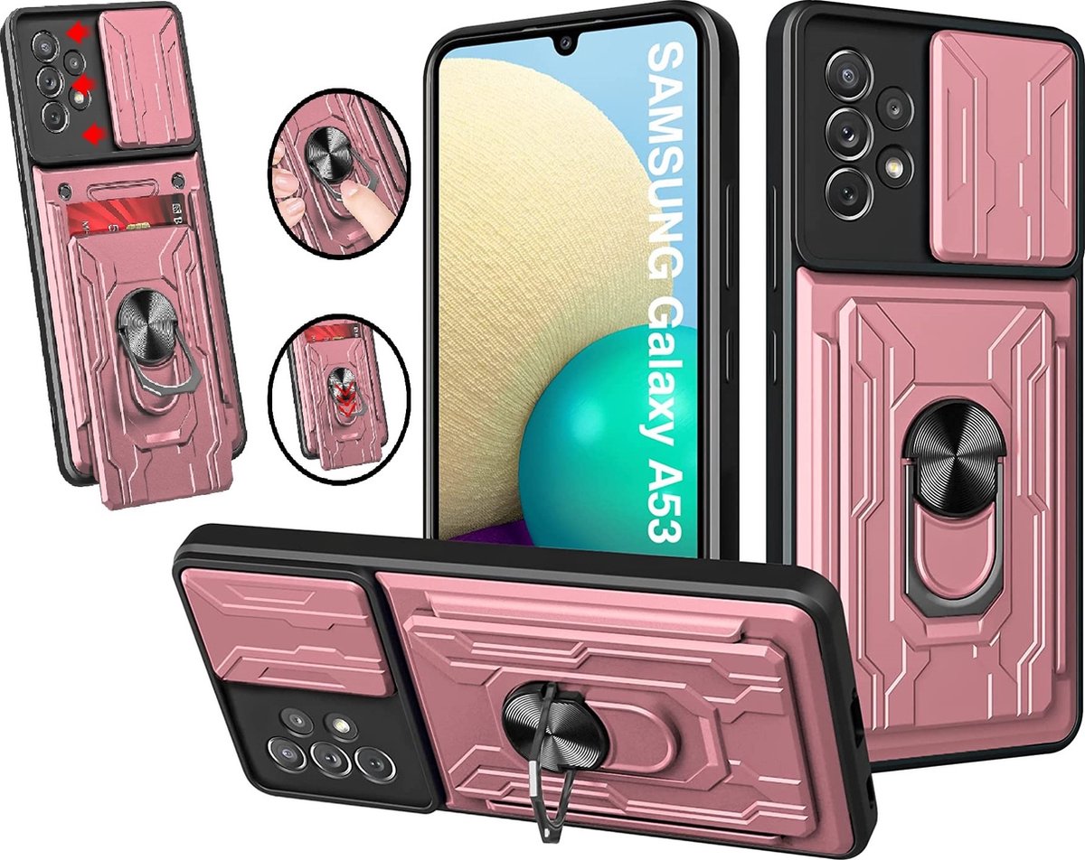 Samsung A52 / A52s hoesje met kickstand Rose Goud - Samsung Galaxy A52 / A52s camera lens screen protector - hoesje Samsung A52 met pasjeshouder ring case