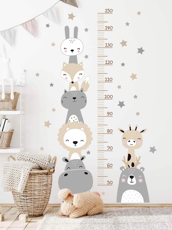 Sticker Muursticker- Courbe de croissance - Règle - Chambre d'enfant - Chambre de Chambre de bébé - 113 * 67 cm - Mesure - Longueur - Animaux