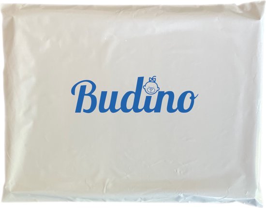Witte verpakkingstas met het blauwe Budino logo.