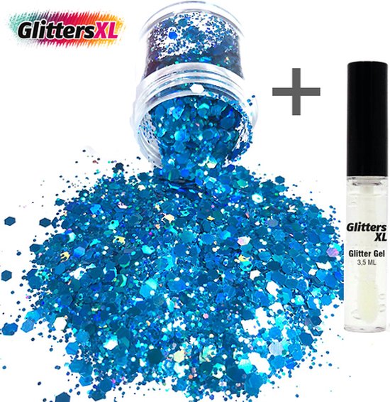 GlittersXL - Chunky Glitters (Blauw) + Glitter Huid Lijm [Volume 8g - Jewels... | bol.com