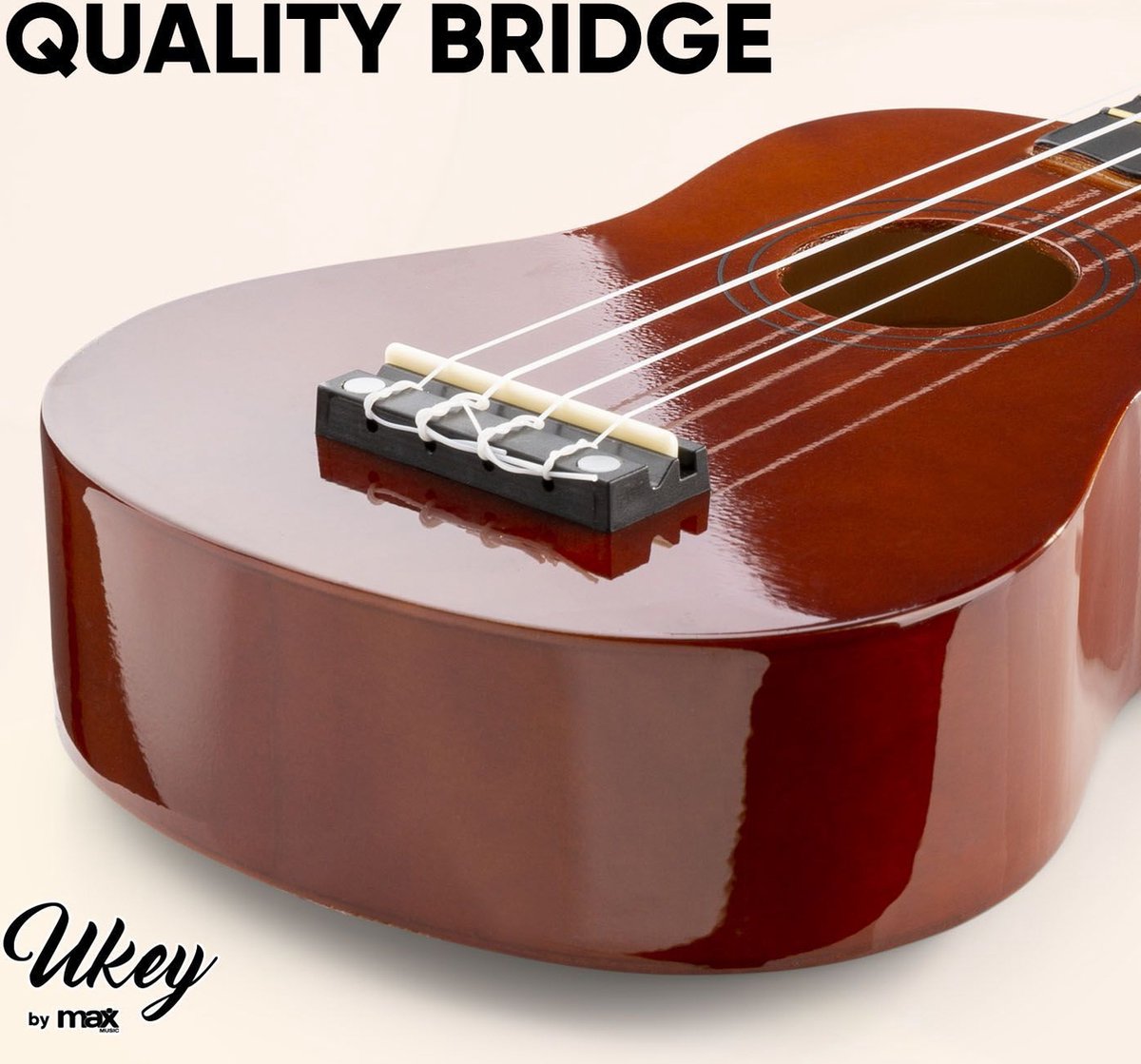 Ukelele set - MAX UKEY - 21 inch Ukulele van hout - Kindergitaar en gitaar voor volwassenen - incl. Ukelele tas, plectrums en stemapparaat - Bruin (hout) thumbnail 3
