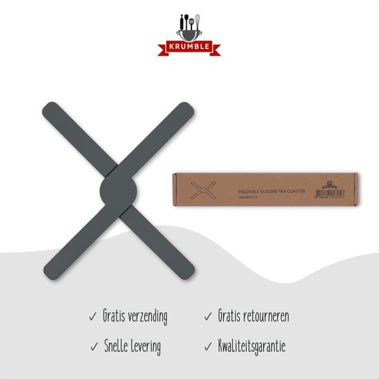 Grijze, X-vormige pannenonderzetter van Krumble naast de verpakking. Gratis verzending, snelle levering, gratis retourneren en kwaliteitsgarantie.
