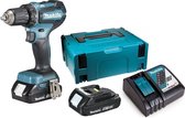 Makita accuboormachine, 18V batterij, oplader en blauwe koffer met handvat.