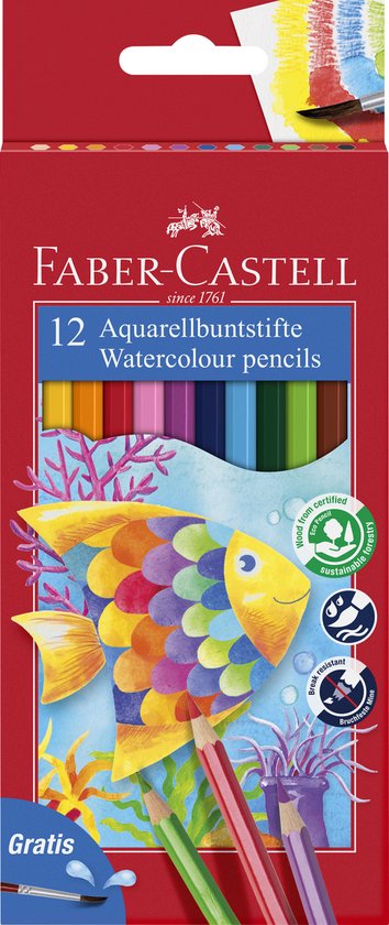Faber-Castell 12 aquarelpotloden in een rode verpakking met een aquareltekening van een vis.