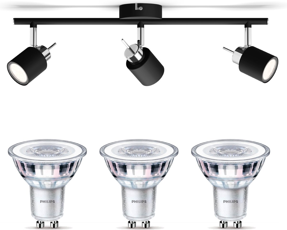 Philips Meranti Opbouwspot met GU10-fitting & Philips LED Spot GU10 50W - LED - Spotjes Opbouw - 3 Lichtpunten - Zwart