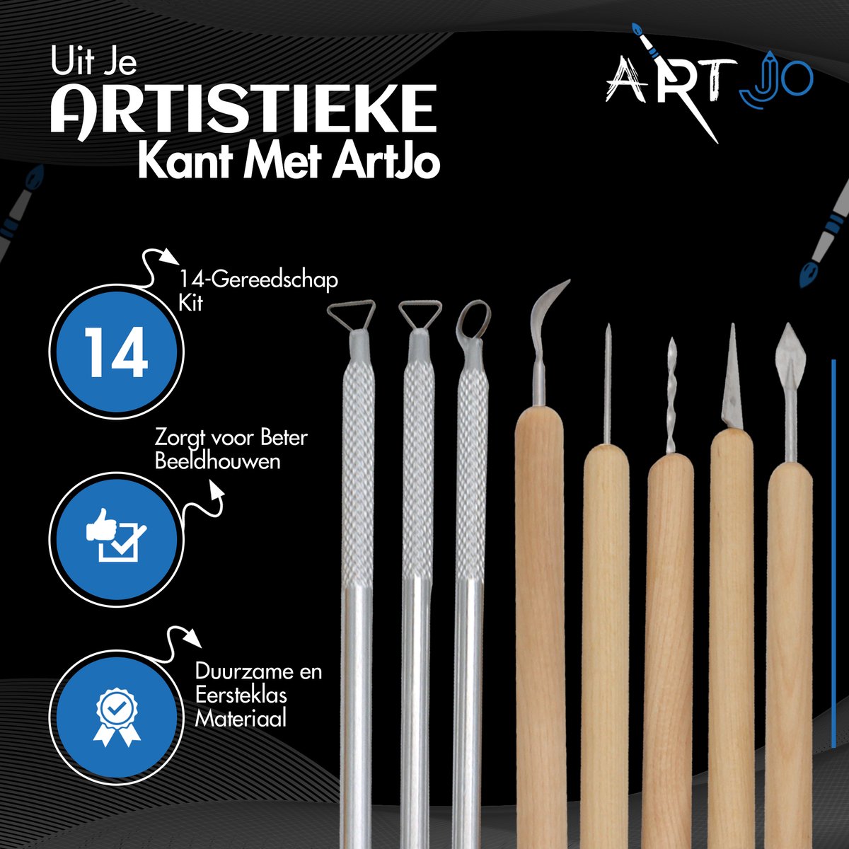 ArtJo 14-delige Klei Gereedschap Pottenbakken Boetseren Boetseer Set - Beeldhouwen - Boetseergereedschap - Spatels/Mes/Mesjes/Mirettes - Keramiek/Polymeer/Boetseerklei - Modelleer - Kleigereedschap — afbeelding 2