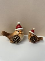 Figurines de Noël en céramique - Set de 2 pièces - Oiseaux de Noël - Chapeau marron + rouge - Décoration de Noël - hauteur 12x13x6 cm & hauteur 8x9x4 cm
