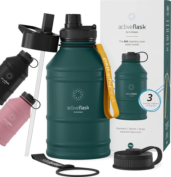 Drinkfles RVS ACTIVE FLASK + Strohalm (3 Drinkdoppen) BPAVrij