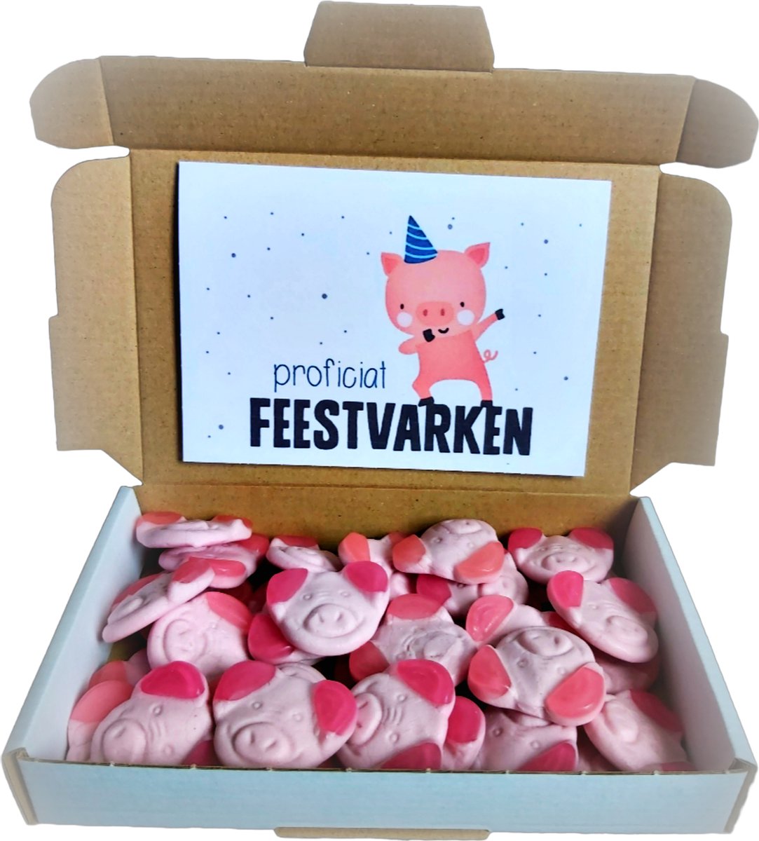 Jarig - Brievenbus cadeau Feestvarken met GRATIS wenskaart - Gefeliciteerd - Hoera jarig - Wenskaart Jarig