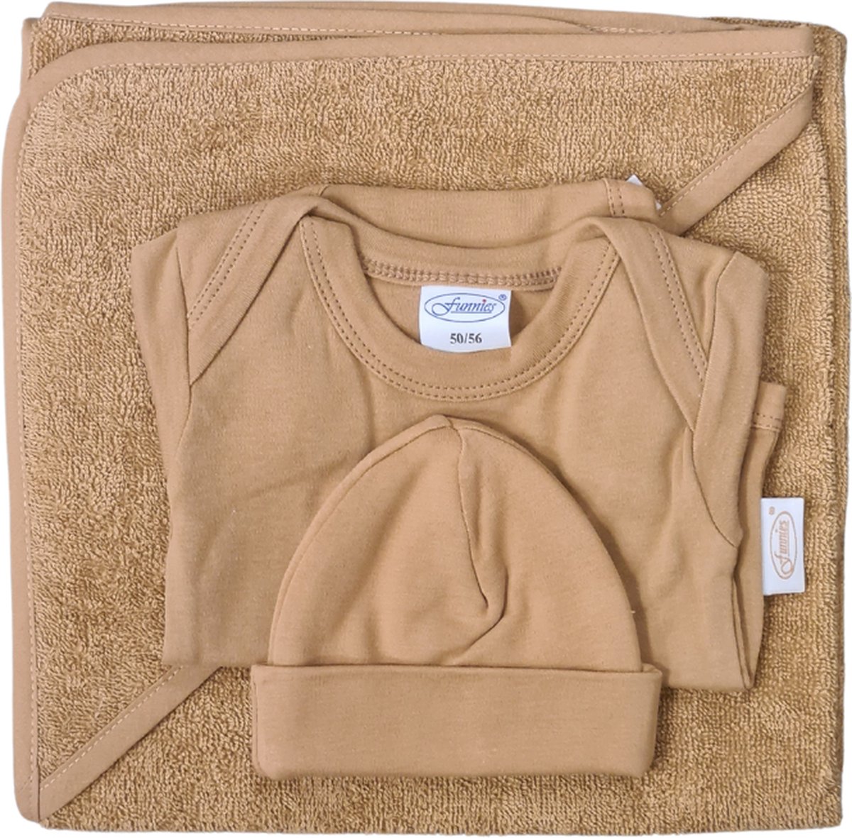 Goedkoopste Funnies- baby cadeau set- Kraamcadeau - Badcape - Baby romper – baby muts - Geboortecadeau - Baby cadeau – warm sand