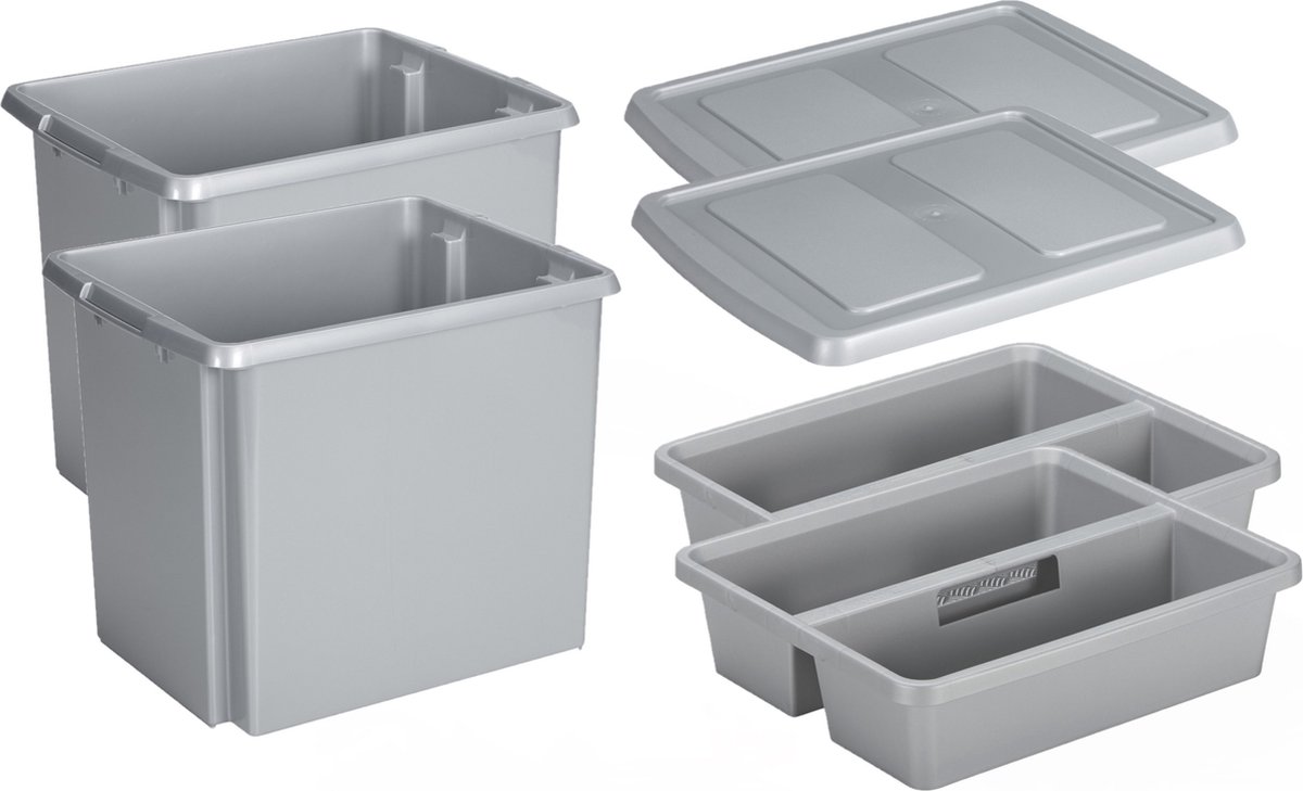 Sunware Set van 2x opslagbox kunststof 45 liter lichtgrijs 45 x 36 x 36 cm met deksel en organiser tray