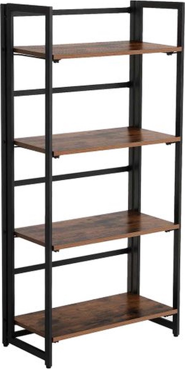 vrijstaande boekenkast, opklapbare plank, plank met 4 planken, multifunctionele keukenplank, snelle montage, voor woonkamer, slaapkamer, keuken, industrieel design, vintage bruin-zwart