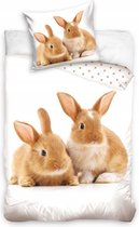 Housse de dekbedovertrek de couette) blanche avec deux adorables lapins marrons / lapins (animal) 140x200cm (Idée cadeau Saint & Noël!)