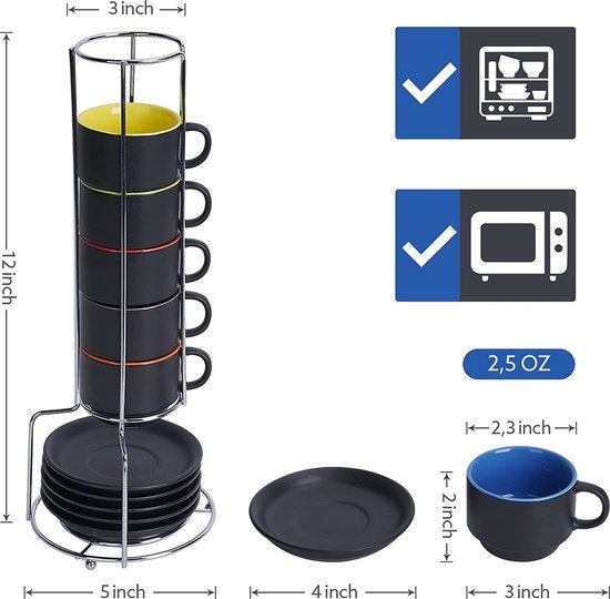 MIAMIO - Juego de 6 tazas de café de gres de 350 ml, colección Le Papillon (negro), MM-113