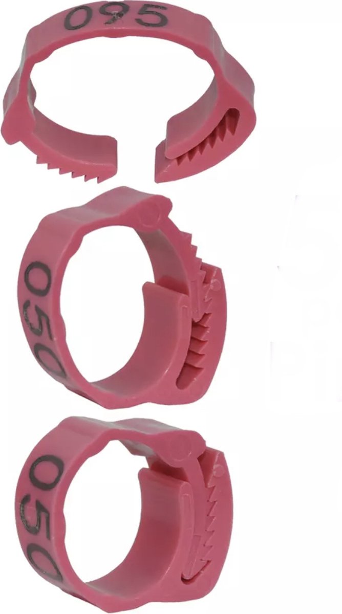 Pluimveeringen – verstelbaar – 20 mm – genummerd – 50 stuks – kippenringen – vogelringen – ROZE