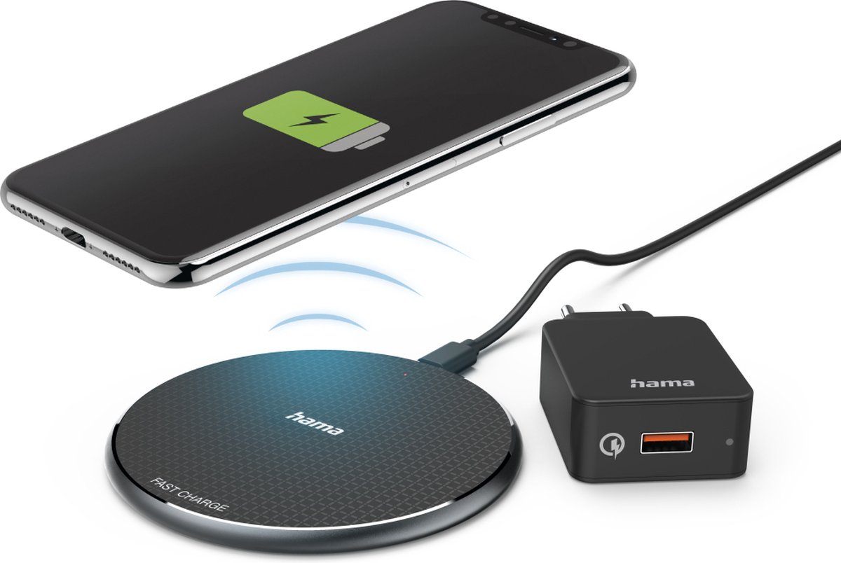 Hama 10W Draadloze oplader set - Oplaadpad geschikt voor Qi Smartphones o.a. iPhone 14/iPhone 15 - Incl. snellader en kabel - Wireless Charging - Beveiliging en LED-functie - Zwart