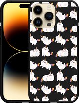 Geschikt voor Apple iPhone 14 Pro Max Hoesje Zwart Unicorn Cat - Designed by Cazy