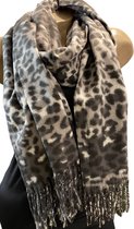 Dames lange sjaal warm met panterprint zwart-grijs