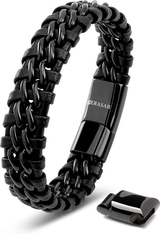 SERASAR Premium Lederen Armband Heren [Steel] - Zwart 20cm - Cadeau voor Hem