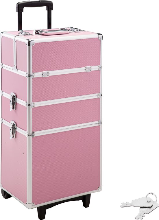 Mallette De Maquillage à Roulettes Rose - Coiffeuse Portable Avec Tiroirs - Imperméable, 4 Roues, Serrure