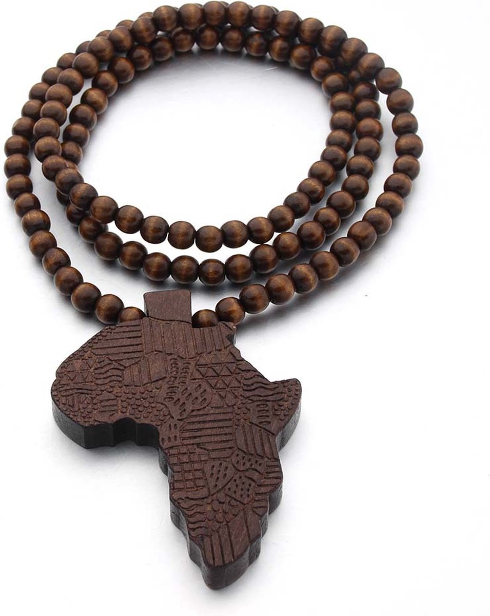 ICYBOY Klassiek Bruine Houten Ketting met Afrikaanse Map Pendant [Wood] [ICED OUT] [66CM] - Africa map wooden necklace hiphop hip hop HIPA map Afrika wood pendant jewelry