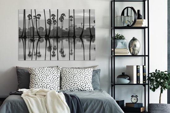 Tableau sur toile Silhouette de palmiers à Hawaï - noir et blanc - 140x90 cm - Décoration murale Art