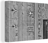Canvas Schilderij Vliegveld van boven - zwart wit - 80x60 cm - Wanddecoratie