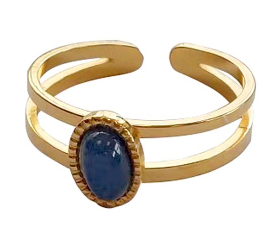 Ring met Steen - RVS - One Size - Blauwe Steen - Goudkleurig