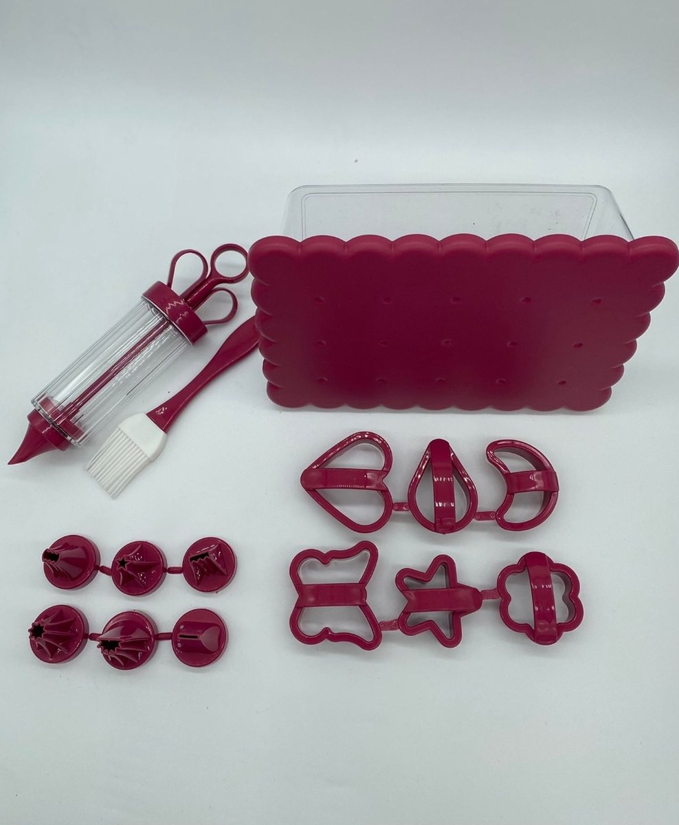 Ariko koekjes decoratie set purper rood - koek trommel - slagroom pomp - slagroom mondstukken - koek vormpjes