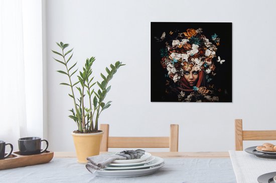 Toile Peinture Fleurs - Papillon - Femme - Foulard - 50x50 cm - Décoration murale