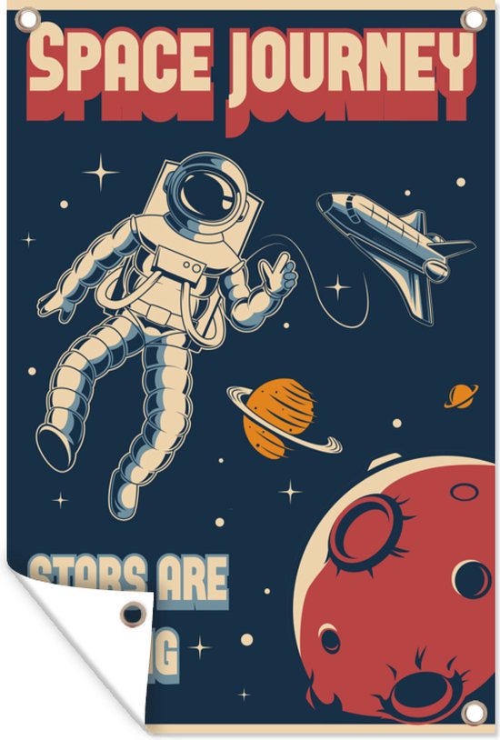 Tuinposter 80x120 cm - Tuindecoratie Space Journey - Astronaut - Ruimte - Retro - Poster voor in de tuin - Buiten decoratie - Schutting tuinschilderij - Tuindoek muurdecoratie - Wanddecoratie balkondoek