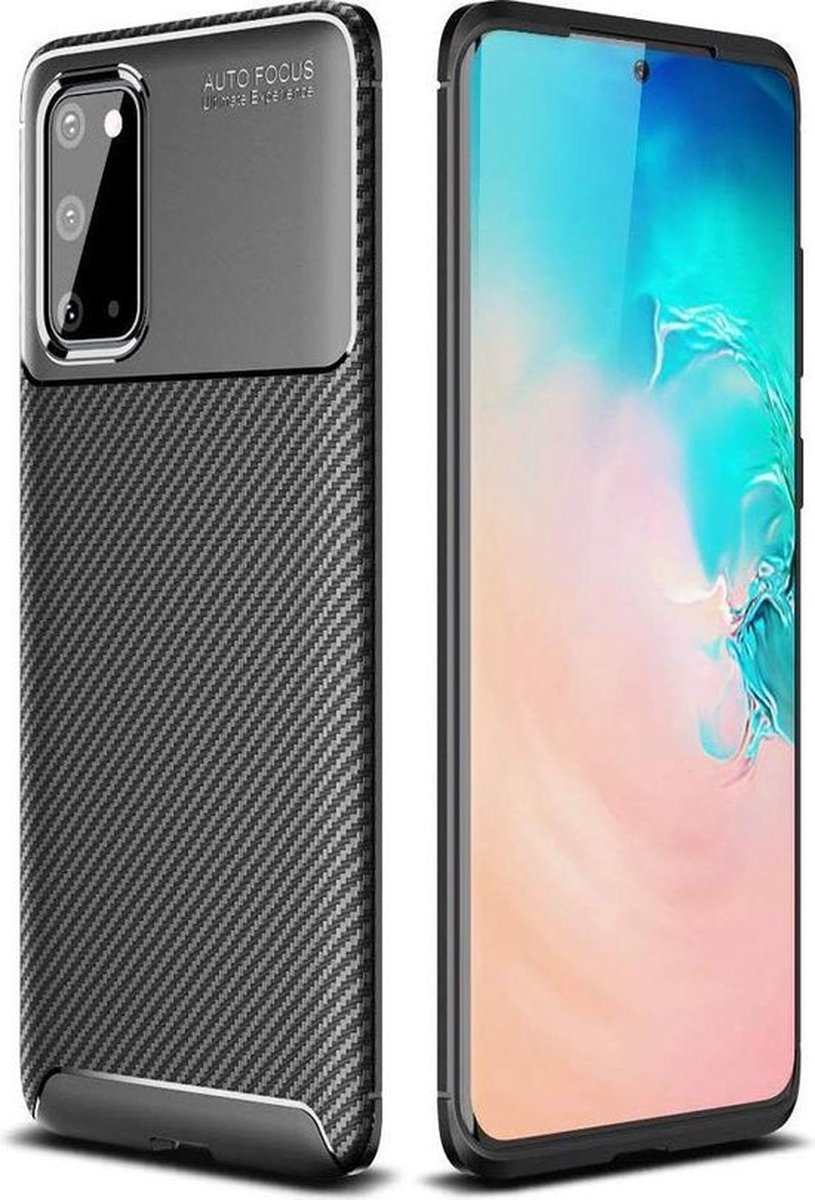 HB Hoesje Geschikt voor Samsung Galaxy S20 Plus - Carbon Textured Back Cover - Zwart