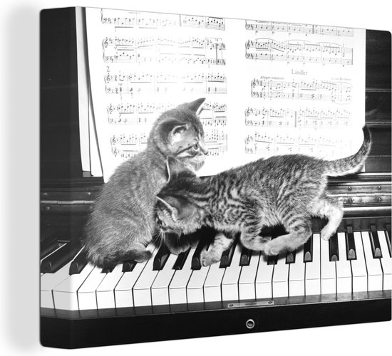 Canvas schilderij 160x120 cm - Wanddecoratie Kittens spelen piano - zwart wit - Muurdecoratie woonkamer - Slaapkamer decoratie - Kamer accessoires - Schilderijen