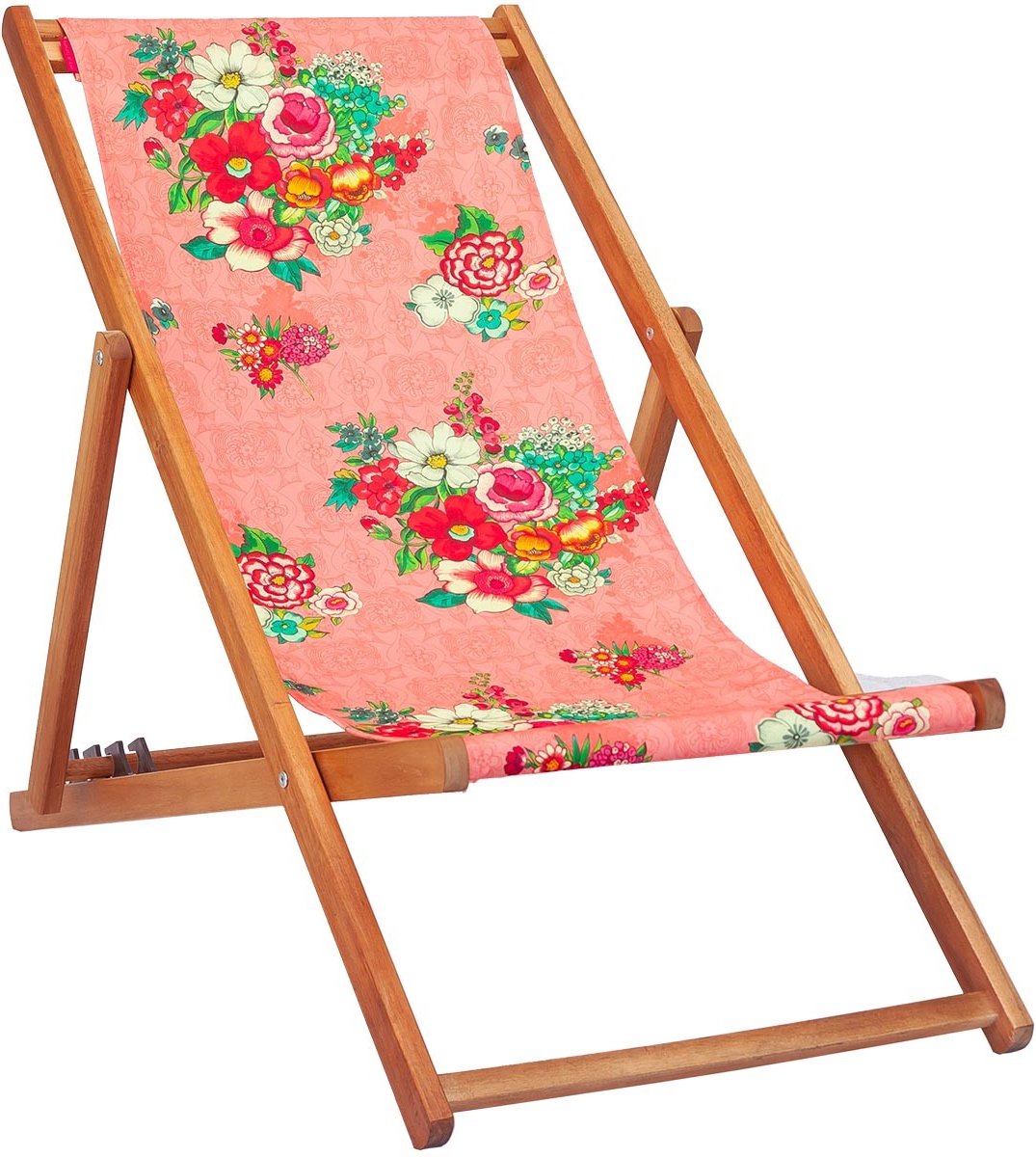 Houten Strandstoel met Koraal/roze Bloem design Hanami - Ligstoel - Tuinstoel - Acaciahout - met vier verstelbare rugleuning posities