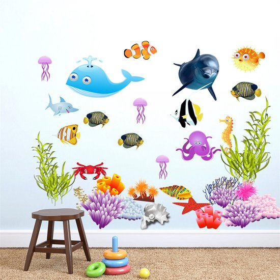 Sticker Muursticker Dauphin/ Algues/Baleine/Crabe/ École de Poissons -  Chambre... | bol