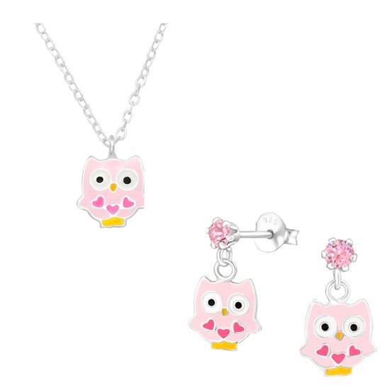 Boucles d'oreilles et collier enfant hibou avec coeurs en argent | coffret cadeau fille | pendentif clous d'oreilles hibou Fille Argent | collier enfant koala | collier de boucles d'oreilles pour enfants | Zilverana | Argent Sterling 925
