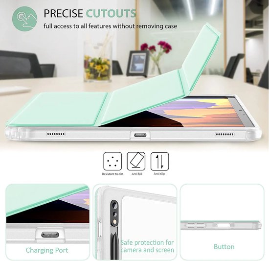 Coque Samsung Tab S7+ - Coque à trois volets - Vert clair - Convient pour Samsung Galaxy Tab S7+ - 11 pouces - SM-T970, SM-T976B