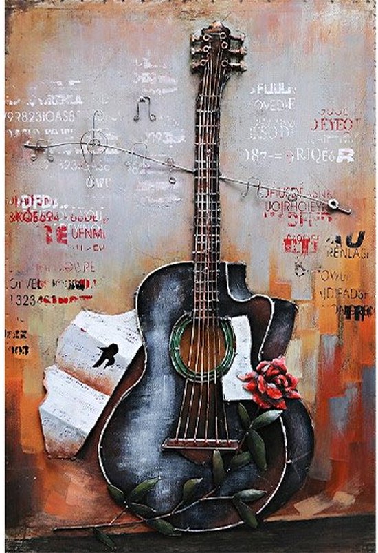 Schilderij - Wanddecoratie - Metalen - Gitaar - Decoratie - Woonaccessoires - 90x60x5 cm