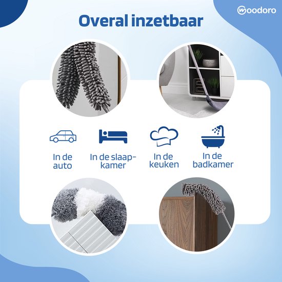 Woodoro Ragebol Uitschuifbaar Complete 9-Delige Set - Verstelbare Telescoopsteel - Plumeau - RVS - Zwart & Grijs