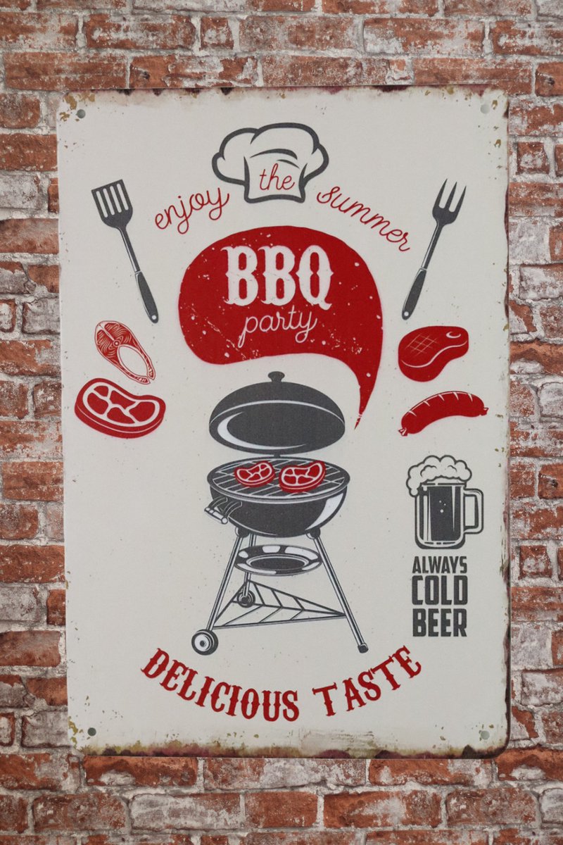 Summer BBQ Party - Metalen wandbord - BBQ bord - BBQ decoratie - Mancave decoratie - Barbecue - Tekstbord - 20 x 30 cm - Cave & Garden