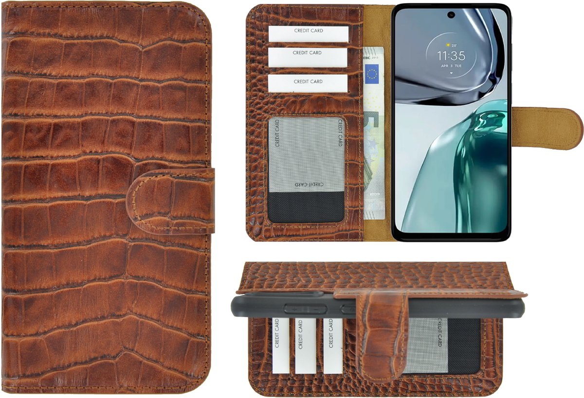 MoDo hoesje Geschikt voor Motorola Moto G62 5G - Leer Book Case - Croco kaneelbruin