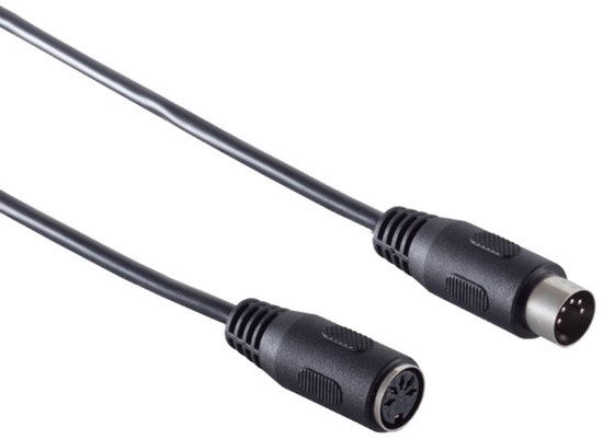 Zwarte audiokabel met mannelijke en vrouwelijke 5-pins DIN connectoren.
