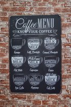 Wandbord – Coffee menu - Metalen wandbord - Mancave - Mancave decoratie - Bar decoratie - Metal sign - Tekst bord - Decoratie - Metalen borden - Wand Decoratie - Metalen bord - 20 x 30 cm - Cave &