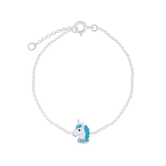 Joy|S - Zilveren eenhoorn armband unicorn 14 cm +2 cm - blauw/ turquoise